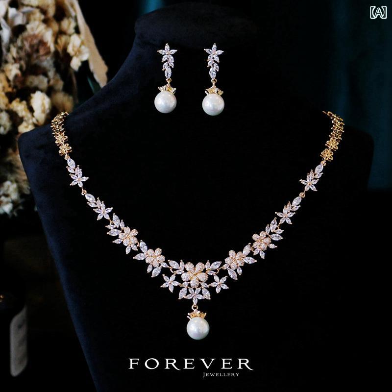 ネックレス セットジュエリー ピアス パール フラワーデザイン ゴールド シルバー ペンダント 輝き キラキラ 韓国 結婚式 パーティー 華やか 上品 フェミニン