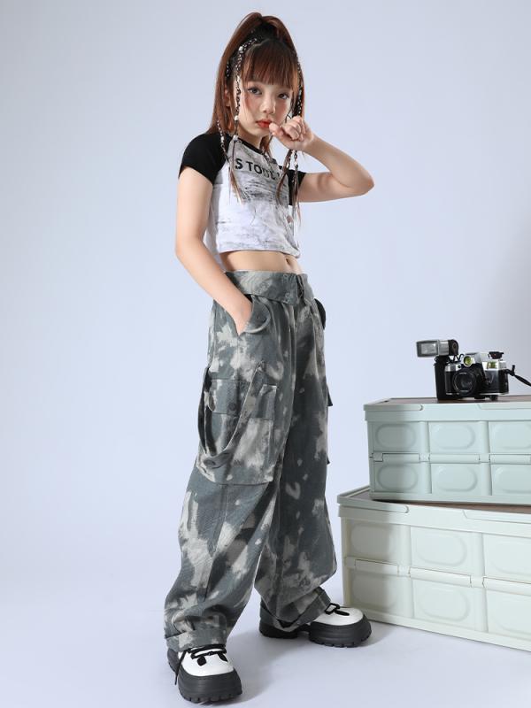 女の子 パフォーマンス衣装 夏 迷彩柄 ヒップホップ 子供服 コスチューム ダンス衣装 ストリートダンス ジャズダンス ユニフォーム チーム衣装 キッズ