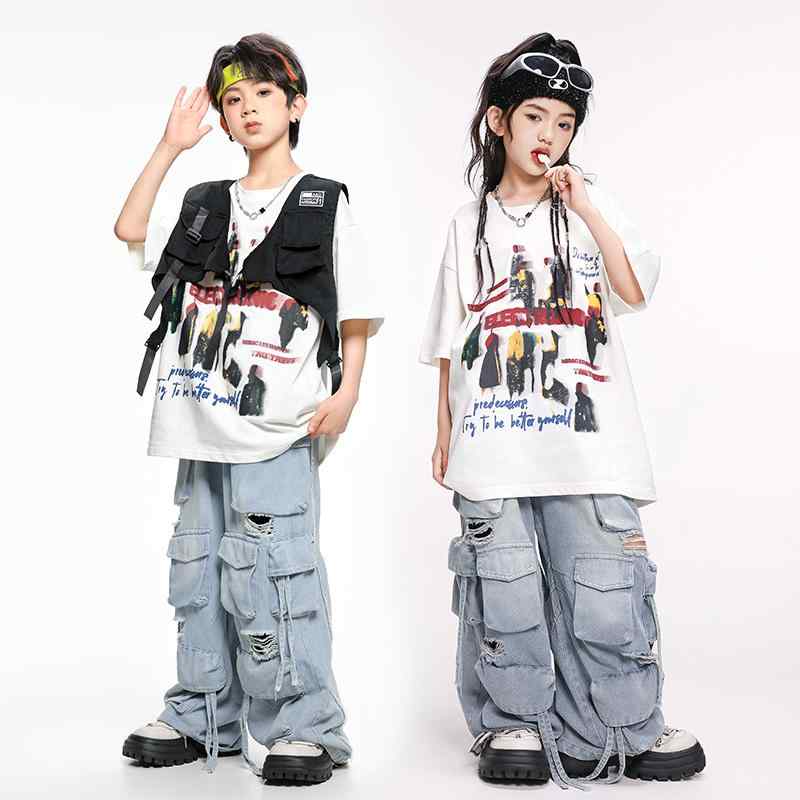 子供服 ダンスウェア デニムパンツ ストリートスタイル ヒップホップ パフォーマンス衣装 ストリートダンス 男の子 女の子 ジャズダンス コスチューム ユニフォーム チーム衣装 キッズ