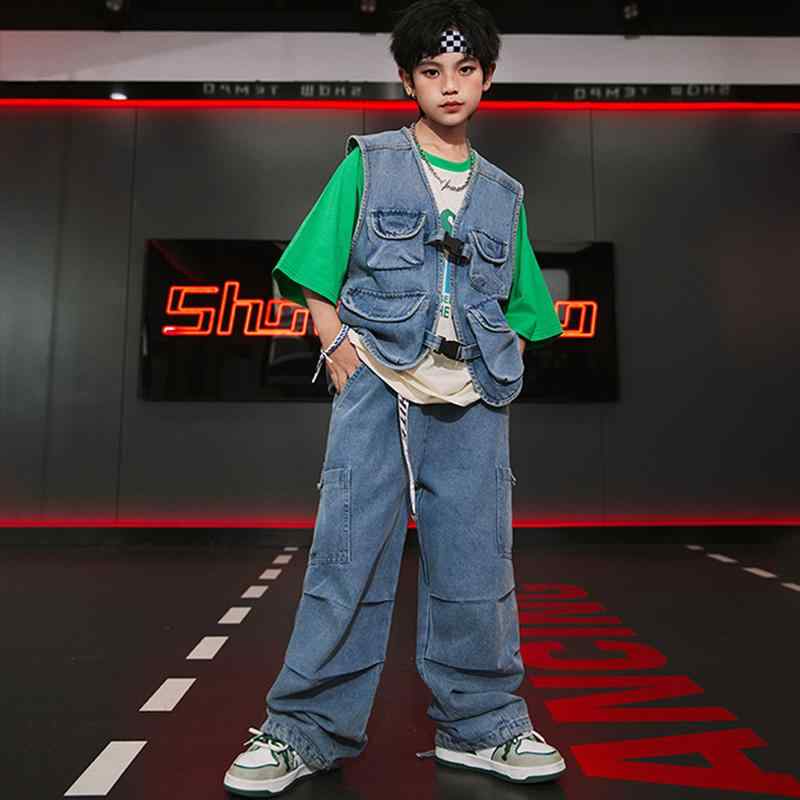 ストリートダンス パフォーマンス衣装 子供服 デニムベストスーツ コスチューム ダンス衣装 ヒップホップ ジャズダンス ユニフォーム チーム衣装 男の子 女の子 キッズ