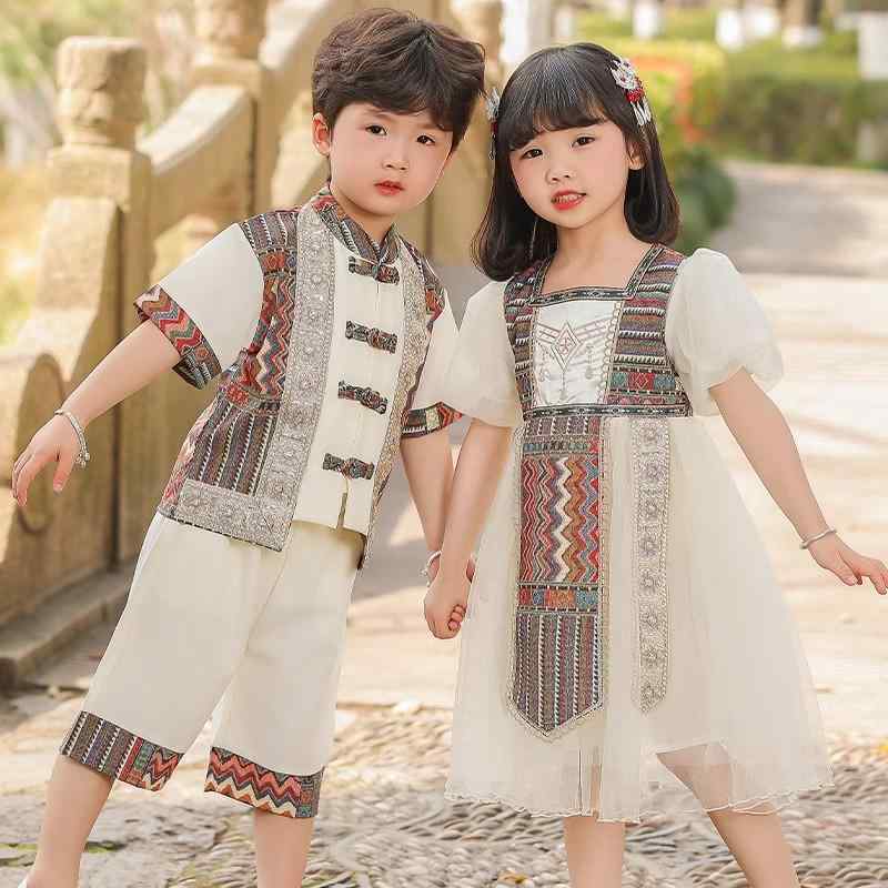 子供服 ダンス 仮装 パフォーマンス 衣装 民族的 中国 中華 アジアン キッズ 春秋 シアー シフォンドレス セットアップ 幼稚園 クラス会 制服 少数民族 ミャオ族 エキゾチック 男女 漢族