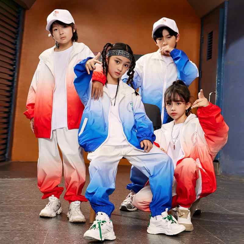 キッズ 子供服 ジャージ 上下 セットアップ グラデーション 青 赤 学生 ストリート ダンス 練習着 運動 スポーツ パフォーマンス チャイナ 中国 異文化交流 グループ ペア リンクコーデ 男女