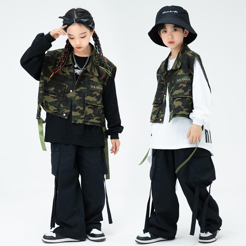 子供服 キッズ ヒップホップ ストリート ファッション おしゃれ ステージ イベント パフォーマンス 衣装 迷彩 カジュアル