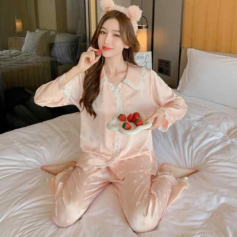 レディース パジャマ ネグリジェ かわいい セクシー お泊り 春秋 夏 女性用 冷感 サテン ハイエンド 薄手 長袖 ズボン カジュアル ホームウェア セット