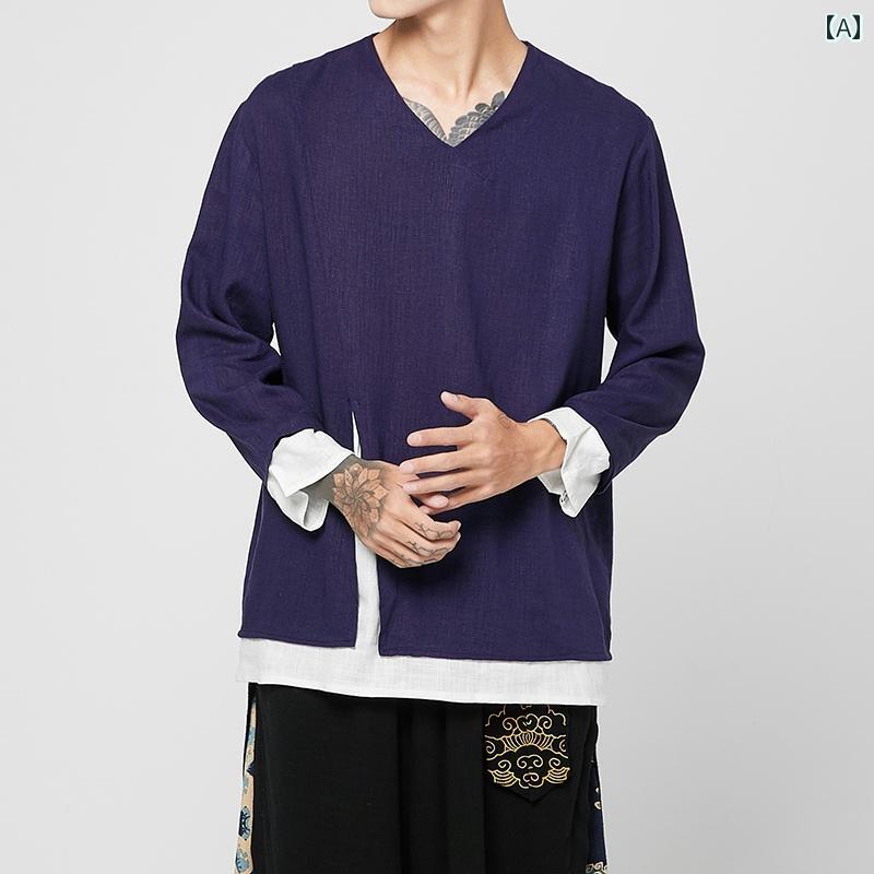 メンズ 紳士服 男性用 トップス Tシャツ ロンT カジュアル チャイナ風 大きいサイズ ゆったり レトロ 長袖 秋 重ね着風