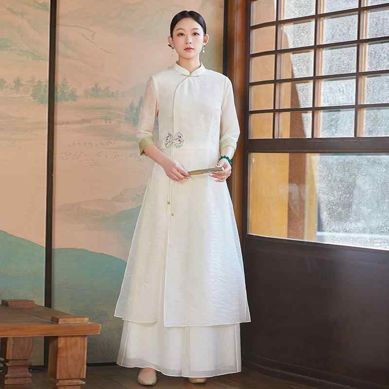 チャイナドレス アオザイ トップス スカート スーツ ロング コート チャイナ ドレス 長い ワンピース セット 漢服 レトロ ジャケット 中国風 春夏秋 女性 清楚 かわいい 婦人服 レディース