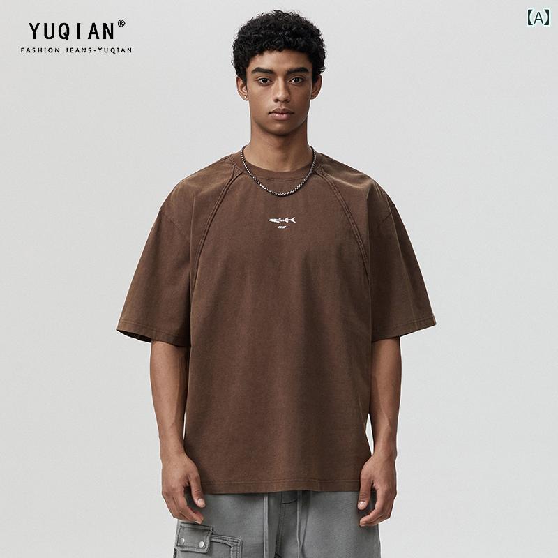 Ｔシャツ 夏 メンズ トップス 大層らしい大いさ ゆったり 成人男性服 プルオーバー 綿織物 ウォッシュド処理 半袖 刺しゅう アメリカン 心地好い ラウンドのど首 Tシャツ・カットソー-メンズファッション