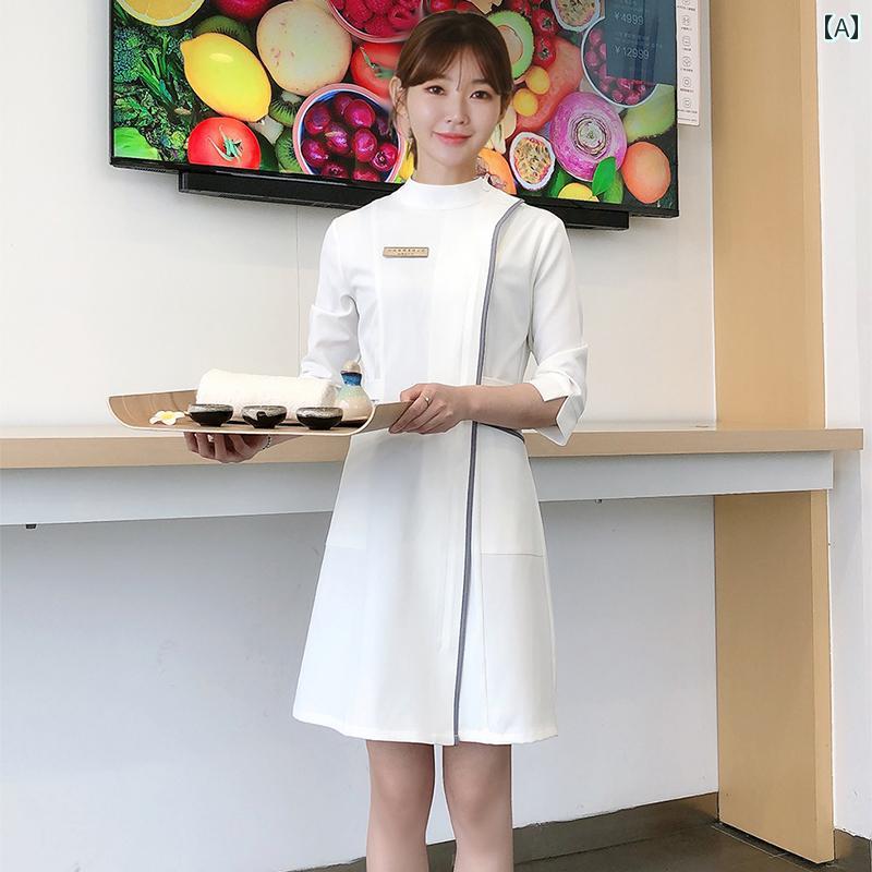 春夏 女性用 ハイエンド 作業着 レディース 七分袖 Aラインスカート 美容師 ユニフォーム 技術者 制服 老人ホーム フロント 受付 美容