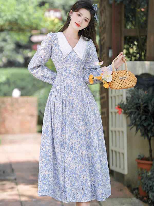 レディース ファッション フレンチ ティーブレーク ドレス ハイウエスト レース 春秋 女性用 花柄 ワンピース Aラインスカート ミモレ丈 女性用