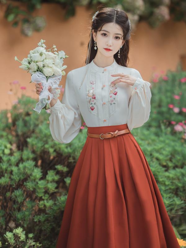 レディース ファッション 中国風 フレンチ レトロ ドレス 刺繍 シャツ プリーツ スカート 2点セット 春秋 女性用 長袖 セットアップ