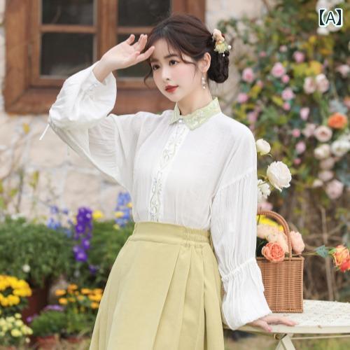 レディース ファッション レトロ スタンドカラー ハイウエスト 漢服 ベルスリーブ Aライン ミモレ丈 スカート 春