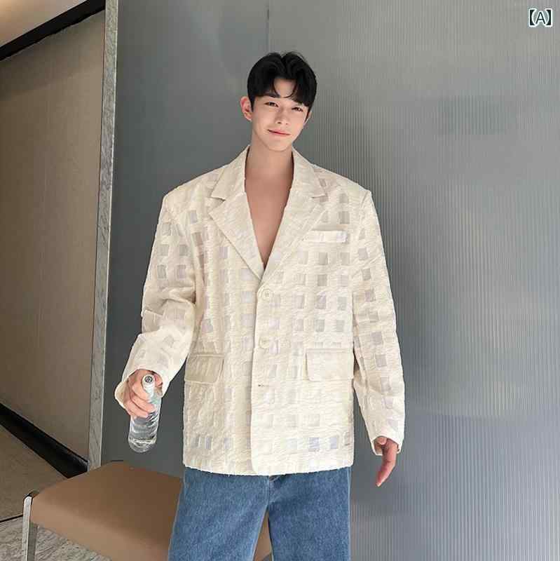 春 チェック柄 男性用 シースルー 韓国 シルエット メンズ フラットカラー コットン 日焼け防止 オールシーズン 薄手 シングルブレストボタン レジャー 長袖