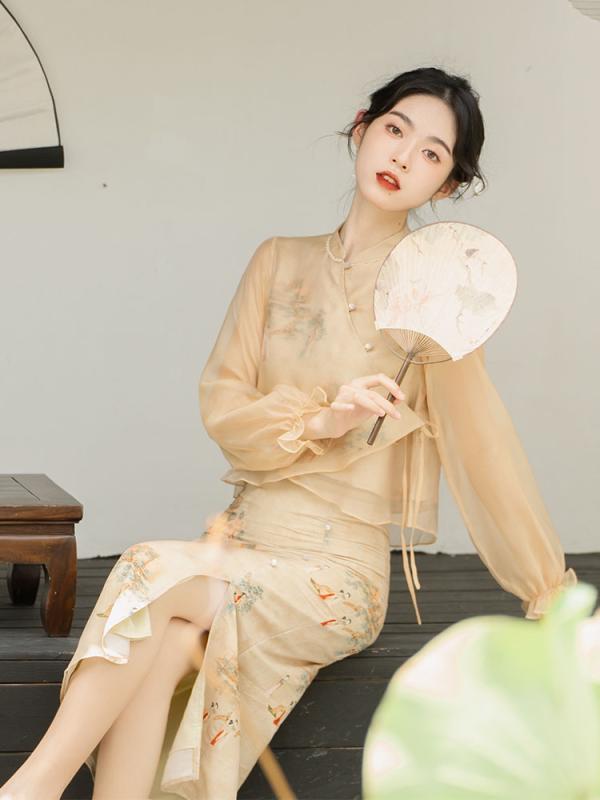 レディース チャイナ風 中国風 若年層 女の子 チャイナドレス ツーピース ティー スーツ 春 長袖 清楚 撮影衣装