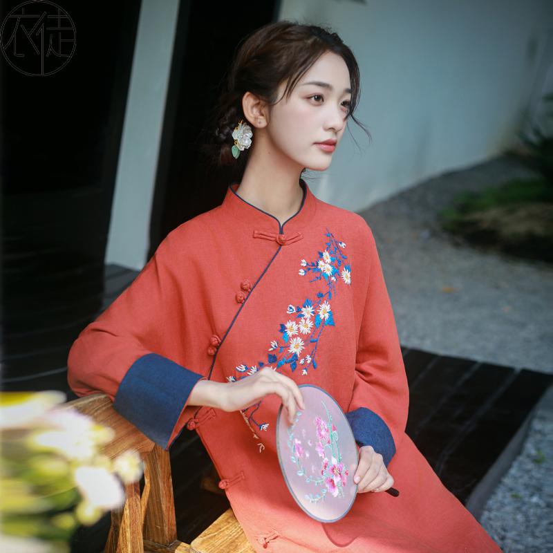 レディース リネン チャイナドレス 春 チャイナ風 婦人服 刺繍 仏教風 婦人服 チャイナ風 禅茶師 瞑想 ロングチャイナドレス ロースリット リネン