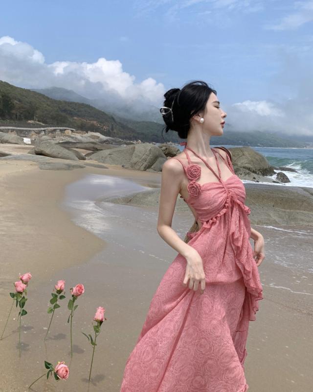 キャミソール ワンピ フランス ロマンチック ピンク ローズ スカート レディース 休暇 写真映え エレガント ビーチ スカート 薔薇かわいい