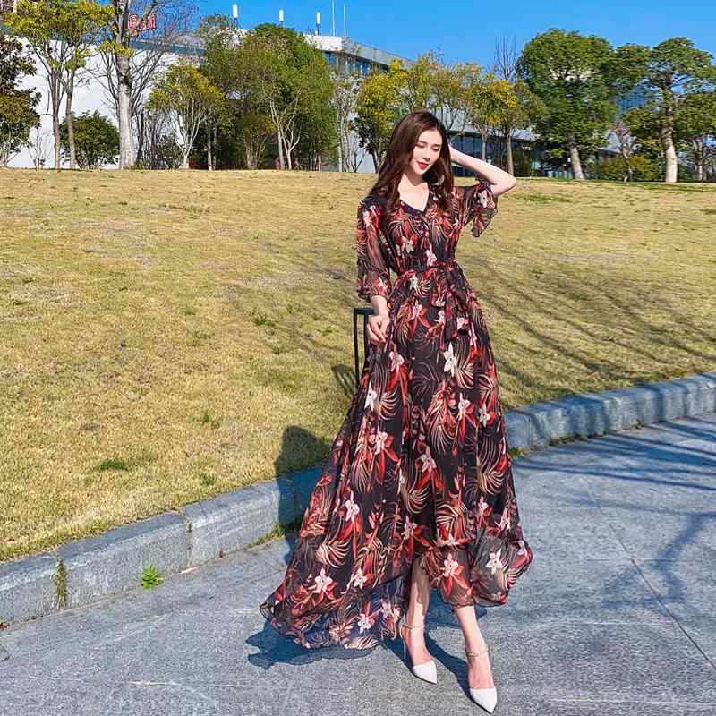 レディース エスニック ファッション おしゃれ シフォンドレス 夏 Vネック 大きいサイズ ロング スカート 足首丈 スリム エレガント プリント ビーチ スカート｜ラ・グラーヌ