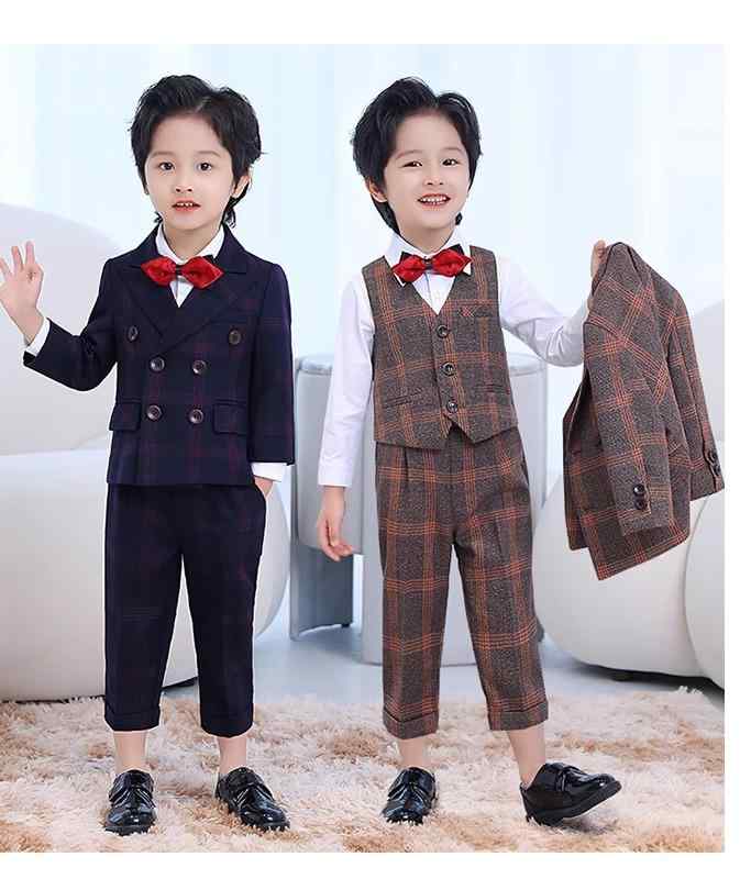 スーツ キッズ 子供用 おしゃれ ファッション 男の子 春秋 赤ちゃん用品 ジャケット 英国風 パフォーマンス チェック柄 ボーイズ セット ベスト パンツ｜ラ・グラーヌ