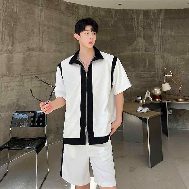 メンズ セットアップ 今めかしい 夏 モノクローム 色彩設計 照明ランプ色合い 半袖 心地よい 運動競技 さる股引き 2点仕掛ける ハイエンド