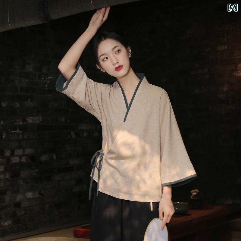 レディース 瀬戸もの風 セットアップ 口さかしい 綿 麻 背広 漢服 仏教 禅 成人女性服 夏 曲がった襟 宿小屋服 茶師服 茶芸服 ワイドレッグパンツ 仕掛ける V素っ首 ロング 無地 分かりやすい