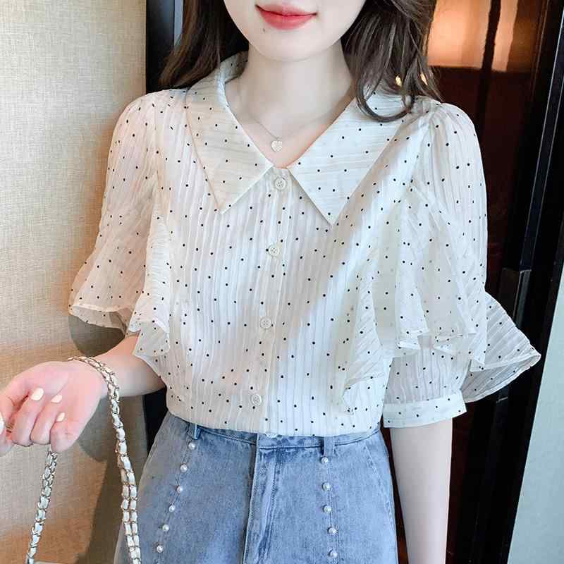 シャツ ブラウス トップス レディース おしゃれ ファッション 夏 半袖 シフォン スリム シック 薄手 ドット かわいい 水玉 大きいサイズ フリル|ラ・グラーヌ