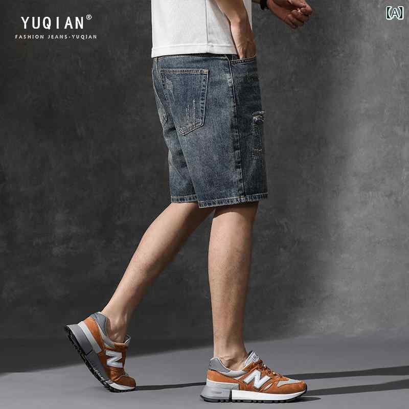 ハーフパンツ 男性 夏用 吸湿発散性 ジッパー セルビッチデニム ショートパンツ 耐摩耗 レトロ ウォッシュ スリークォーターパンツ ミッドハイウエスト 五分丈パンツ メンズ｜ラ・グラーヌ