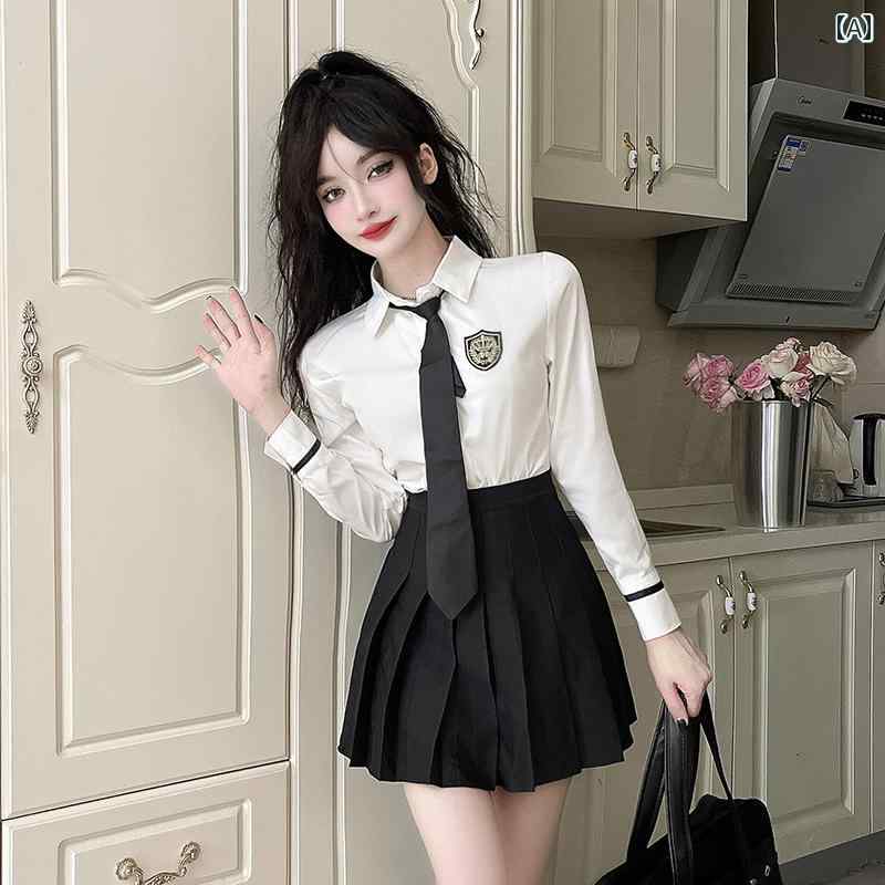 制服 ネクタイ 白 シャツ セットアップ レディース 学生 長袖 プリーツスカート バー フロント 秋 通学 ファッション エレガント 受付 写真撮影 コスプレ