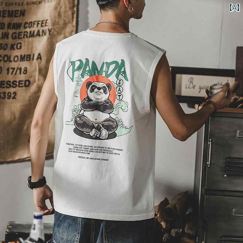 ノースリーブ Tシャツ カジュアル ゆったり 大きいサイズ メンズ 紳士服 シャツ 袖なし ラウンドネック 夏 厚手 コットン バックプリント パンダイラスト スポーツ