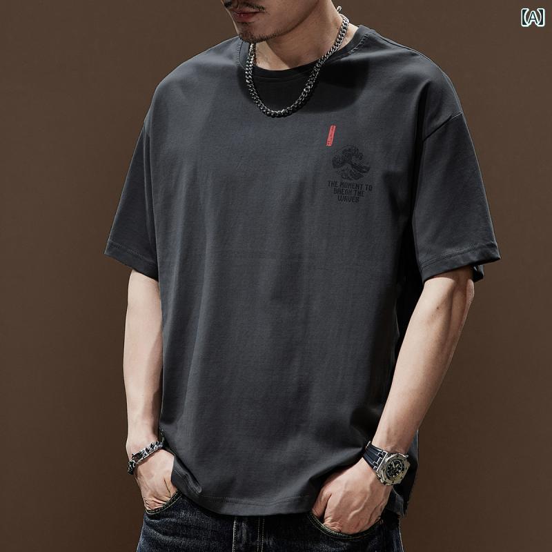 Tシャツ 半袖 夏 メンズ 紳士服 男性用 トップス おしゃれ レトロ ストリート カジュアル ラウンドネック プリント