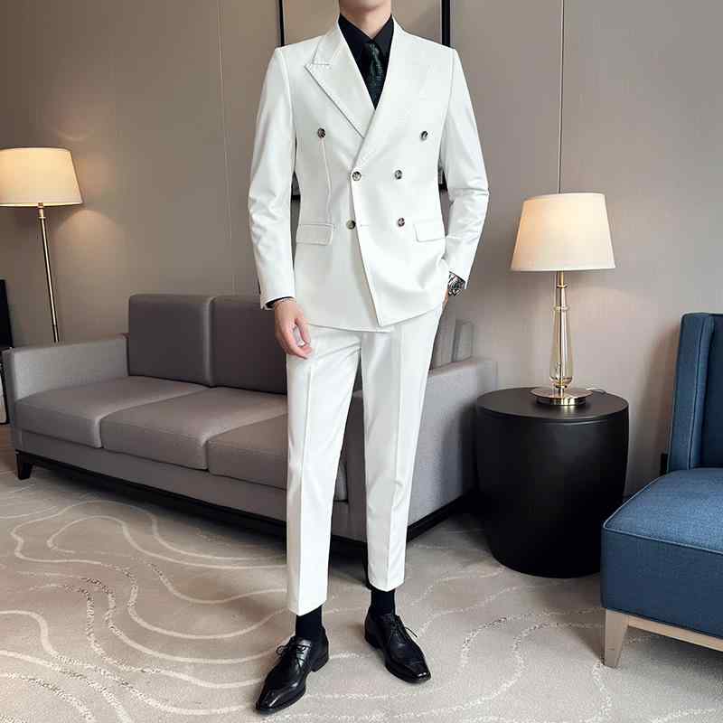 ファッション スーツ セット ジャケット ブレザー ツーピース ズボン パンツ ロング ダブルブレスト カジュアル 大人 男性 スタイリッシュ 洗練 ビジネス カジュアル フォーマル 作業服 紳士服