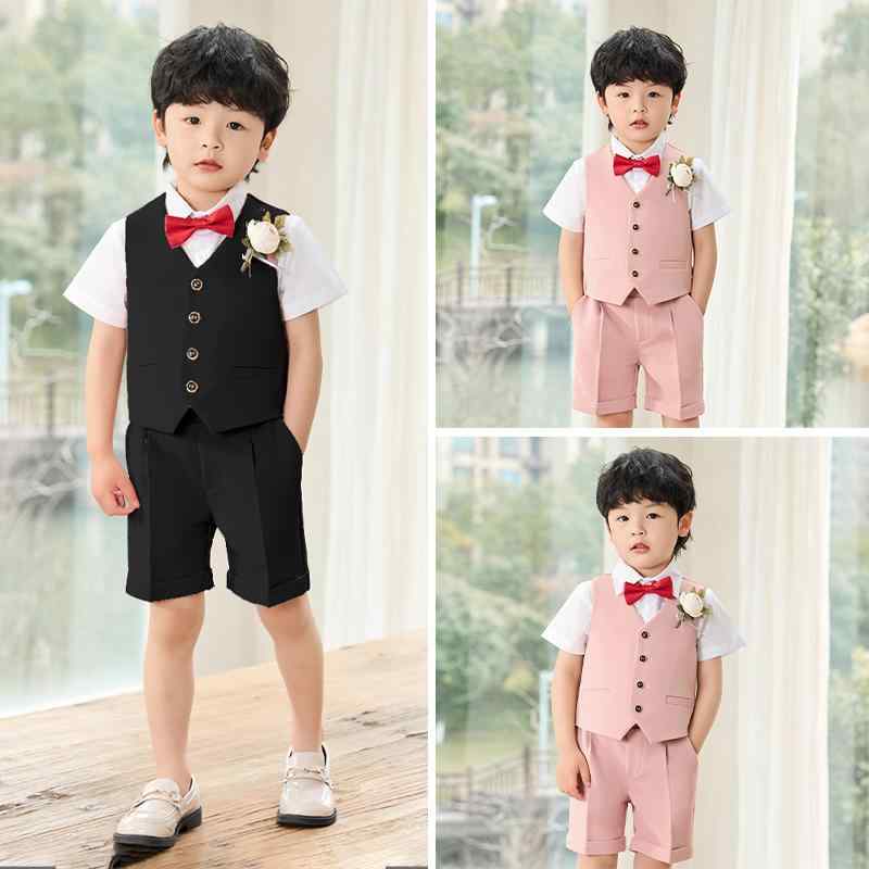 スーツ キッズ 子供用 おしゃれ ファッション 男の子 春夏 ベスト ショートパンツ フラワーガール ドレス パフォーマンス ボーイズ セット 蝶ネクタイ