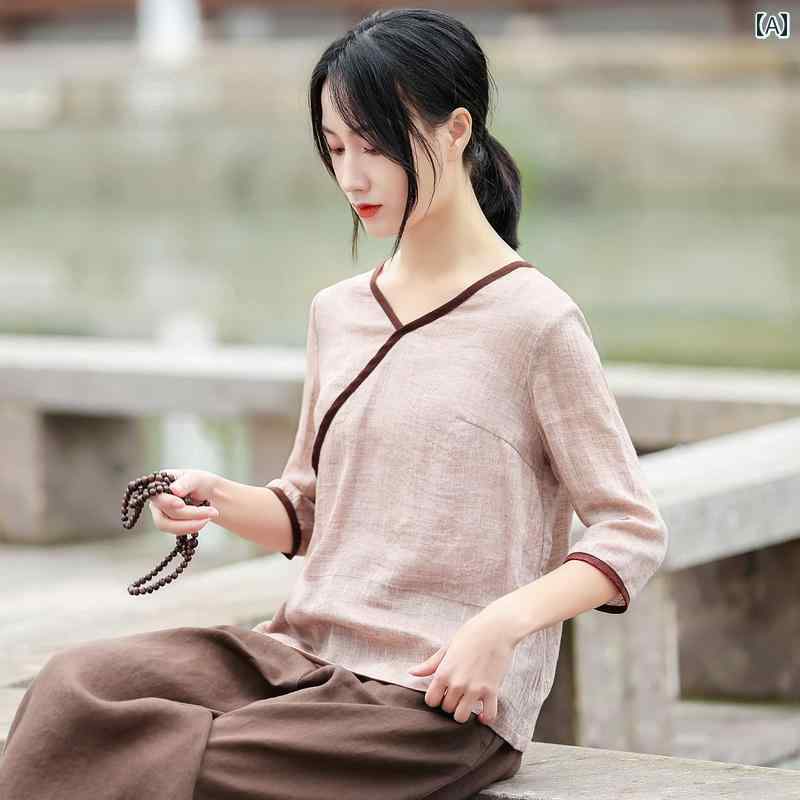 レディース 瀬戸もの風 セットアップ 口さかしい リネン 漢服 夏 仏教 成人女性服 背広 茶師服 禅 読みもの 思い入れる服 トップス 仕掛ける ワイドレッグパンツ 無地 分かりやすい V素っ首
