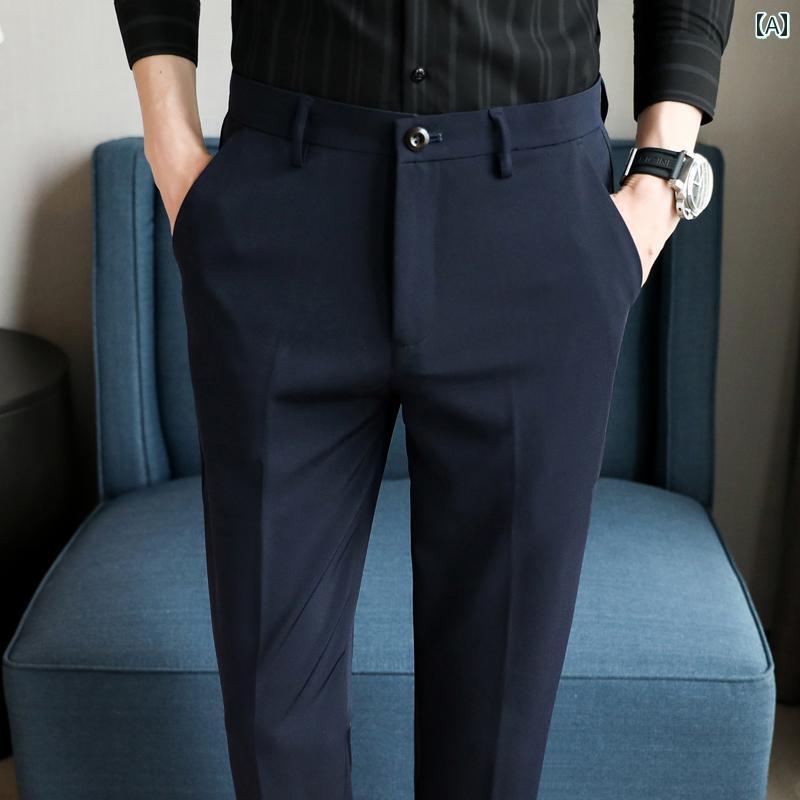 スラックス スーツパンツ メンズ 通勤 英国 ネイビーブルー パンツ スリムフィット カジュアル ビジネス フォーマル 夏 薄手 九分丈 ロング