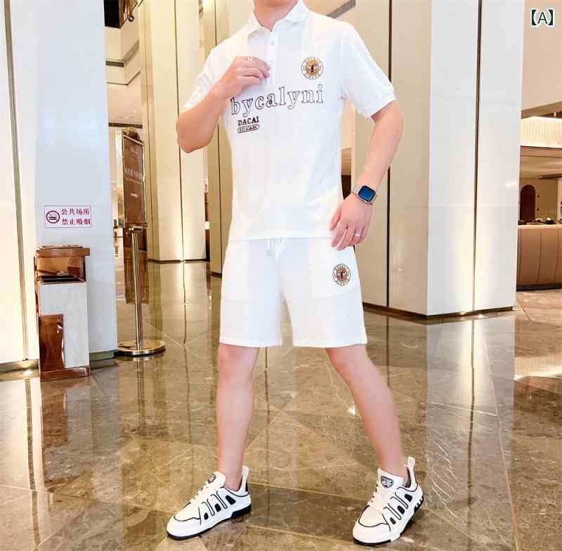 夏 メンズ セットアップ 半袖 ショーツ 2点 セット 軽い 刺繍 ポロシャツ スーツ ショートパンツ ハーフパンツ 男性 黒 白 ブラック ホワイト