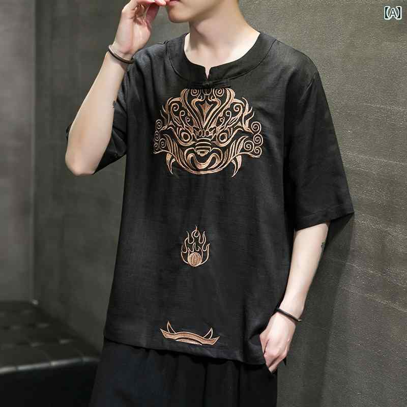 ｔプルオーバー メンズ トップス チャイナテイスト ティーシャツ 半袖 中華服 中国 服 流行り物 心地好い 普段着 レトロ ゆったり 成人男性 途轍も無い大いさ 夏 Tシャツ・カットソー-メンズファッション