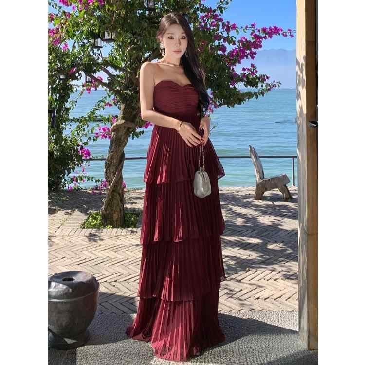 ワンピース 大人 女性 夏 薄手 段違いスカート チューブトップドレス ロングスカート バックレス ジッパー ビーチリゾート ハイウエスト 柔らかい レディース エレガント 上品