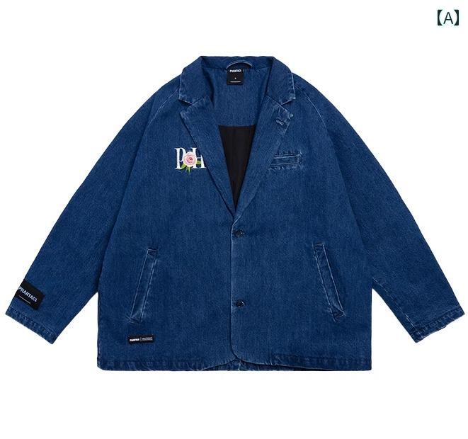 メンズ レディース ジャケット 上着 デニム 男女兼用 ペアルック カップル 刺繍 スーツ襟 シングル 前ボタン ２つ モダン クラシック エレガント スタイリッシュ レトロ ウォッシュド ブルー