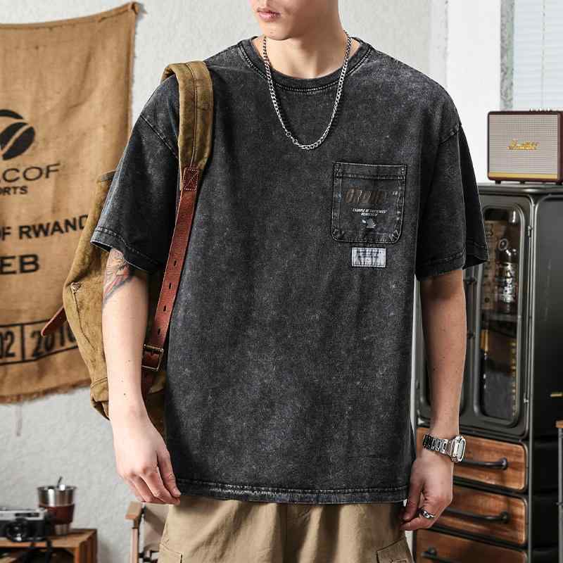 メンズ ヘビーウォッシュ レトロ 半袖 T シャツ 男性用 夏 アメリカン ワークウェア 大きいサイズ トップス ラウンドネック ゆったり ファッション