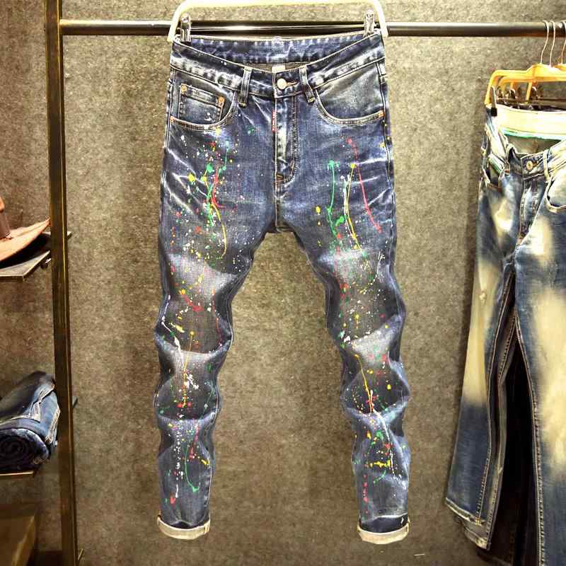 メンズ コットン ストレッチ デニム おしゃれ Gパン カジュアル 男性用 ペイント ジーンズ 韓国 スリムパンツ ファッション スプラッシュインク ストレッチ パンツ