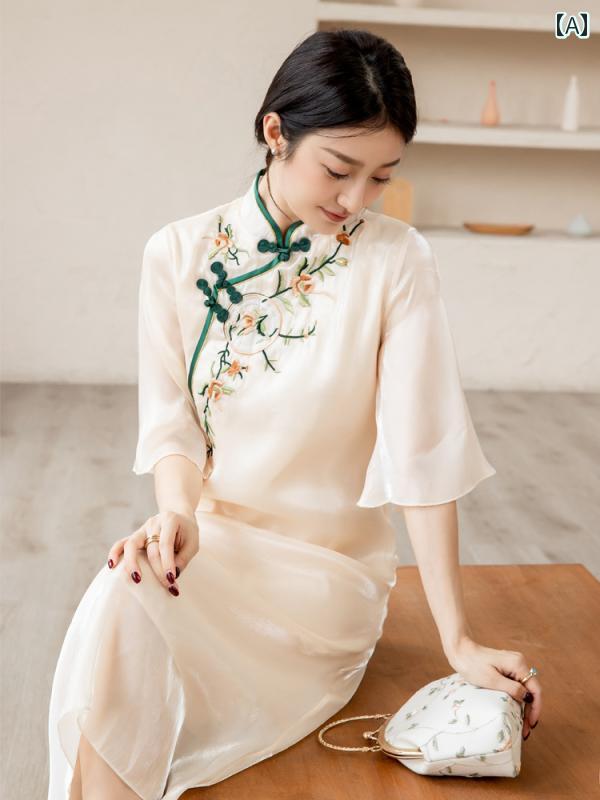 レディース ユニーク シック ワンピース 中華風 刺繍 婦人服 ゆったり ボタン カジュアル 大きめサイズ チャイナドレス風