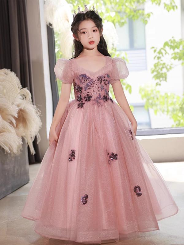 キッズ ゴージャスドレス プリンセス セレモニー バースデー お姫様 ドレス 高級感 女の子 ピンク ドレス ライト 高級感 子供 誕生日 プリンセス ドレス ピアノ 演奏会 発表会