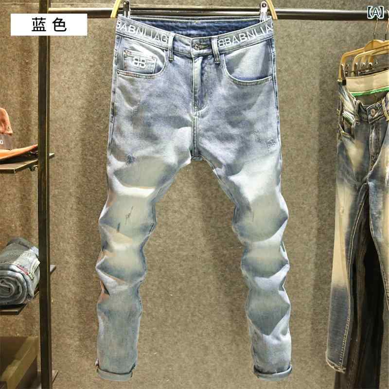 デニムパンツ オールシーズン ファッション 擦り切れ クラフト ジーンズ メンズ スリム フィット パンツ ストリート ウエスト 刺繍 ストレッチ デニム ポケット