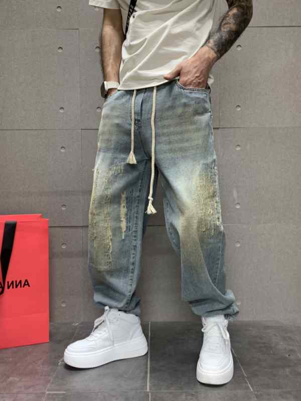 メンズ デニム ストレート レッグ ゴム ウエスト ダメージ 加工 男性 ジーンズ ゆったり レトロ ワイド カジュアル パンツ