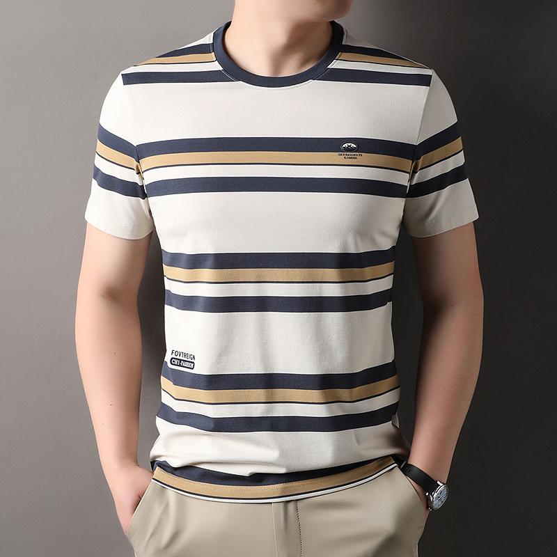Tシャツ ストライプ コットン 半袖 プルオーバー ラウンドネック 薄手 カジュアル スウェット カットソー 夏 メンズ 男性 レディース 女性 トップス スリムフット 通気性 軽量 普段使い