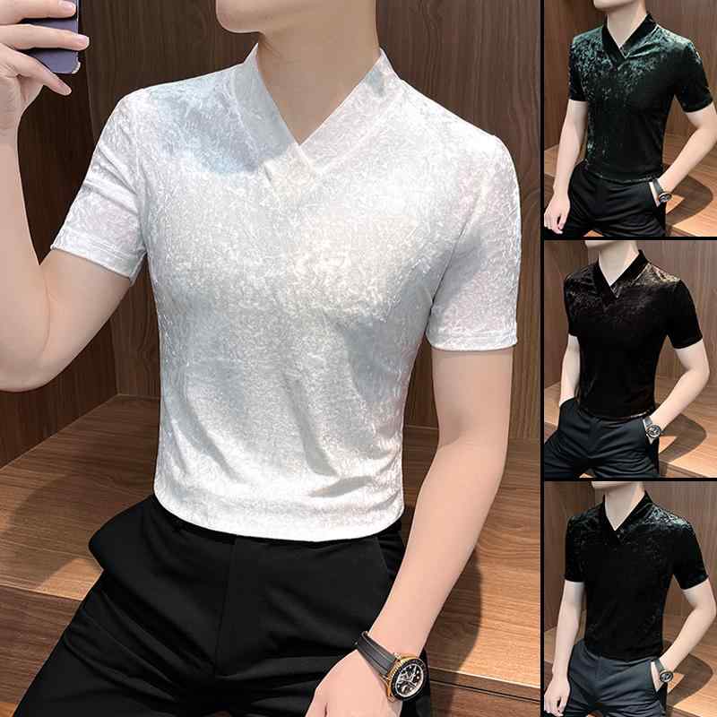 Tシャツ ベロア 半袖 プルオーバー Vネック カジュアル 光沢 レイヤリング カットソー 春秋 メンズ 男性 紳士 トップス スリムフィット 軽量 柔らかい 通勤 オフィス 普段使い