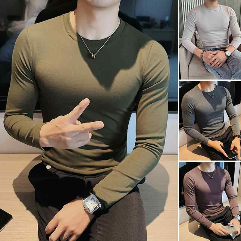 Tシャツ 無地 コットン 裏起毛 長袖 プルオーバー ラウンドネック カジュアル レイヤリング カットソー 春秋 メンズ 男性 紳士 インナー 伸縮性 スリムフィット 軽量 保温 普段使い