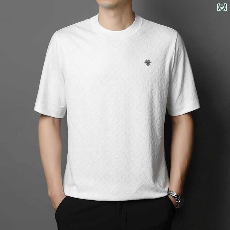 春秋 メンズ ラウンドネック 半袖 Tシャツ ビジネス カジュアル トップス シンプル ベーシック ホワイト 白 ブラック 黒 ブラウン 茶