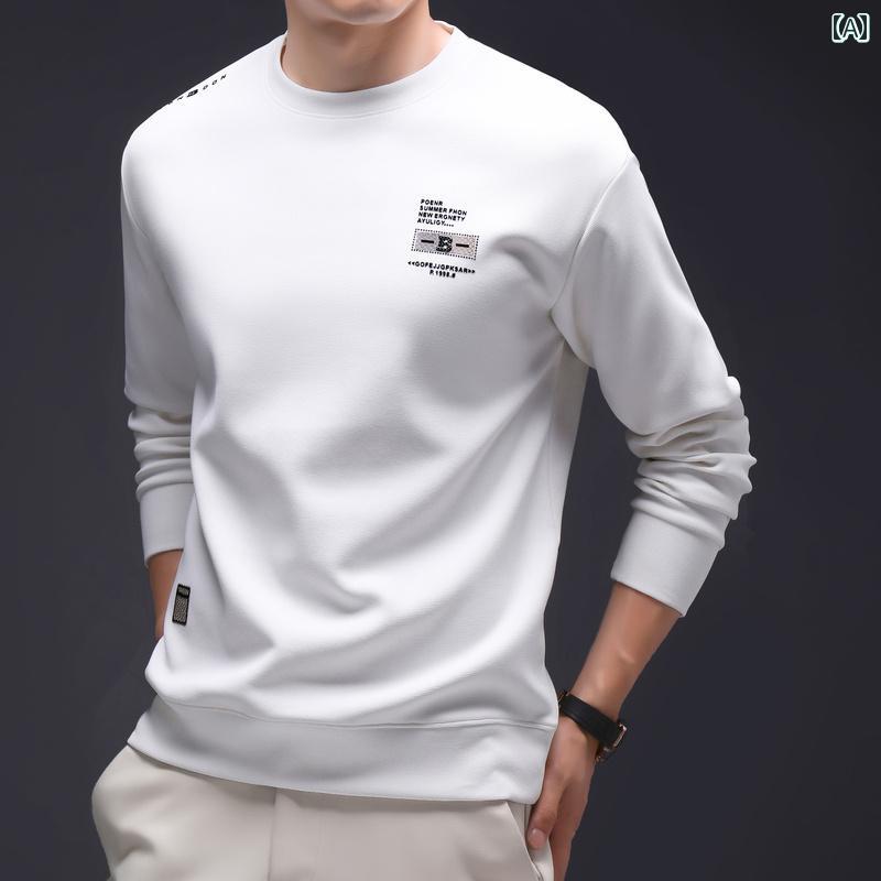シャツ トップス メンズ 男性用 ラウンドネック スウェット 春秋 ゆったり カジュアル 長袖 Tシャツ ストリート スポーティー ブラック カーキ ホワイト