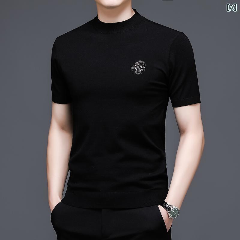 春秋 メンズ 薄手 ニット 半袖 Tシャツ カジュアル スタイリッシュ ベーシック シンプル ブラック グリーン ブルー シアン