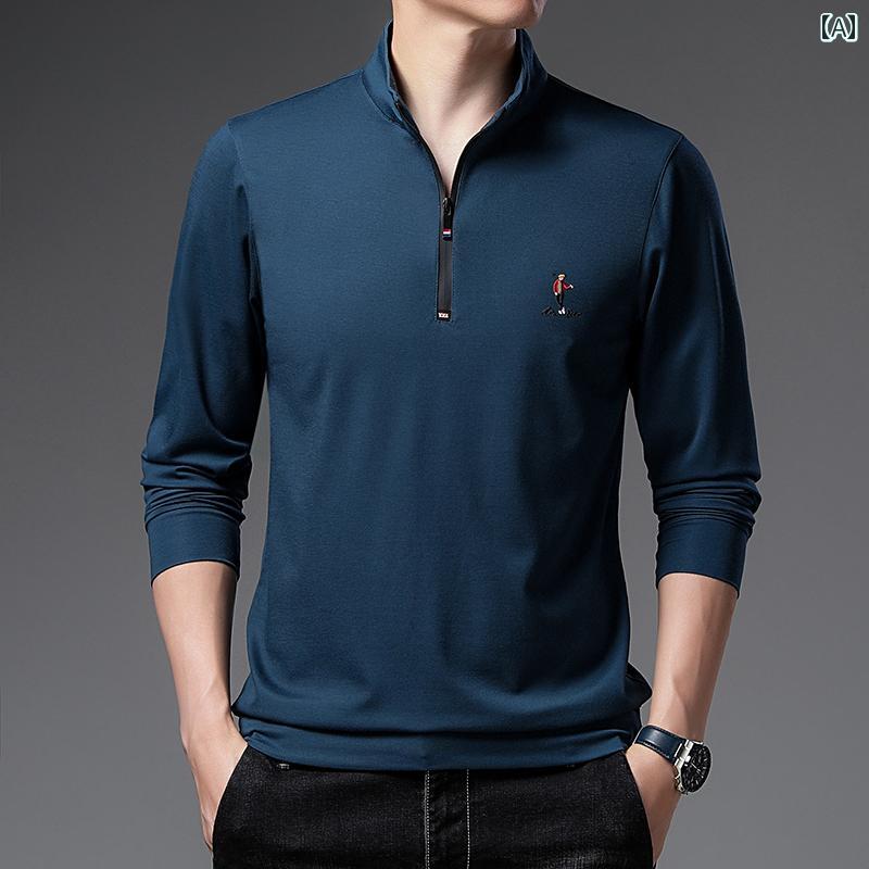 ポロシャツ メンズ カジュアル トップス ゴルフ レジャー 普段使い 春秋 長袖 Tシャツ スタンドカラー ハーフ ジップ スウェットシャツ ファッション ビジネス 刺繍