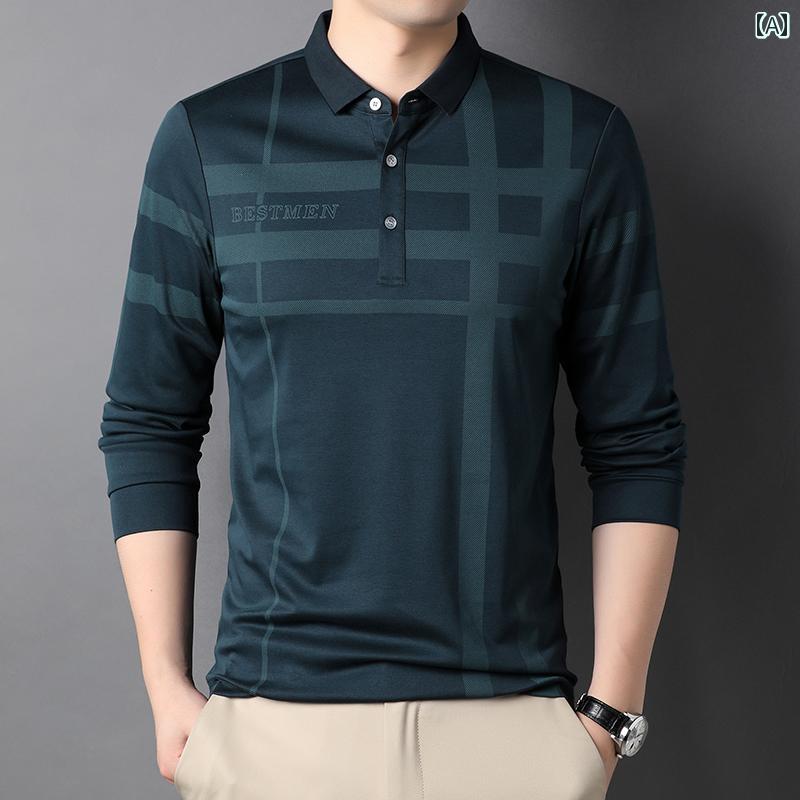 ポロシャツ 長袖 メンズ トップス ゴルフ レジャー 普段使い 男性 Tシャツ 大きいサイズ ラペル 綿 ストライプ POLO シャツ 服 レイヤリング シャツ